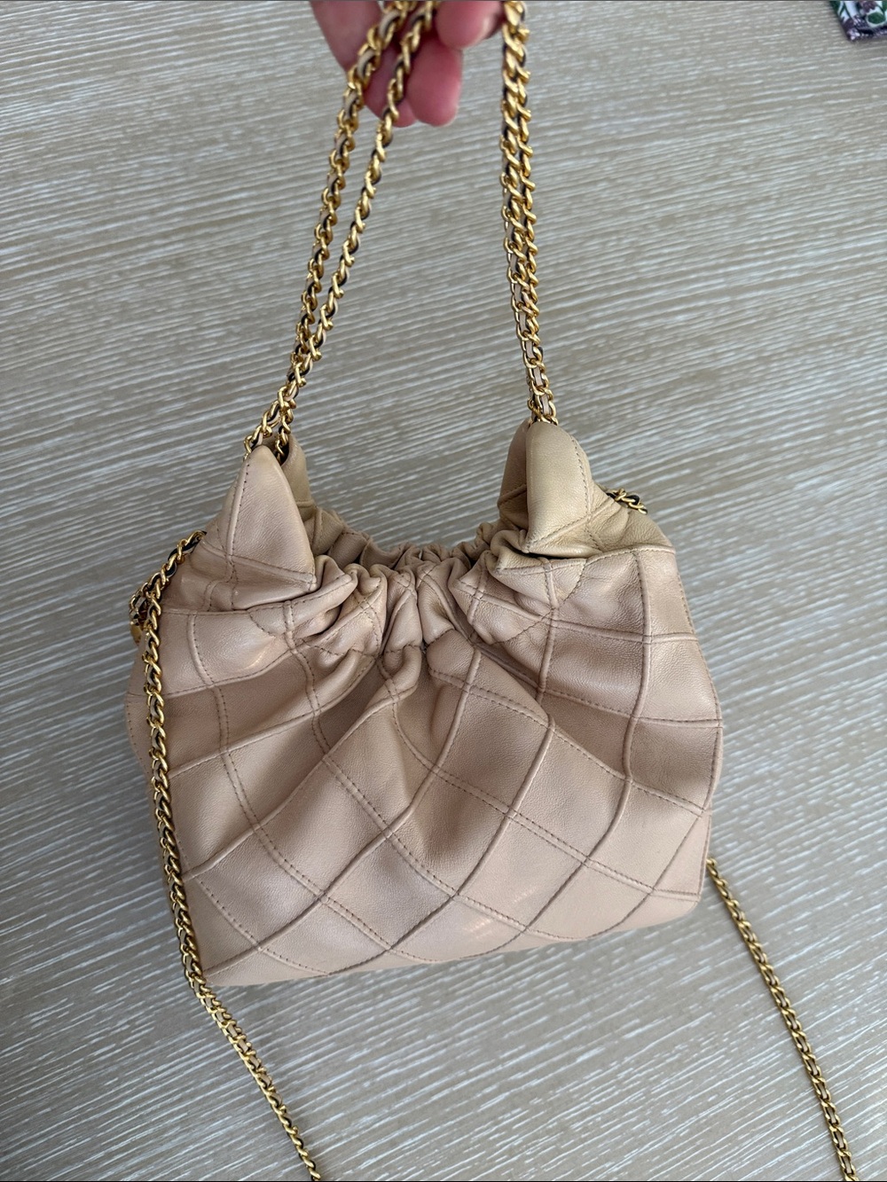 Tory Burch Fleming Mini Hobo Quilted Drawstring Leather Bag Vanilla Gold Chain - Picture 9 of 15